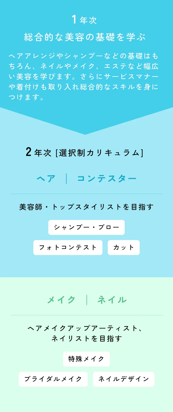 1年目はビューティの基礎を幅広く学び、2年目はやりたいこと、進みたい道にあったコースを選択できる!